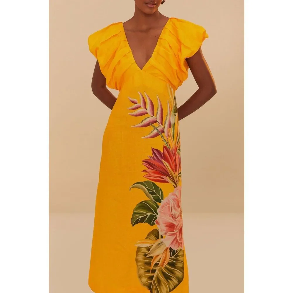 Anthropologie Farm Rio V-Neck Linen Midi Dress - Picture 6 of 13